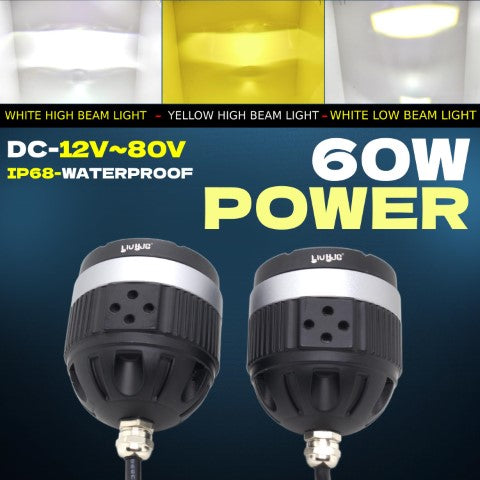 Red Devil Eye 60W 2 LED Lens Dual Fog Light High/Low White Yellow With Red Devil Eye Feature for Bikes/Cars/Jeep/Thar/SUV Spot light (Set of 2)