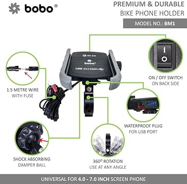 BOBO BM1 Jaw-Grip Bike Phone Holder with Fast USB 3.0 Charger – Secure & Efficient Charging on the Go