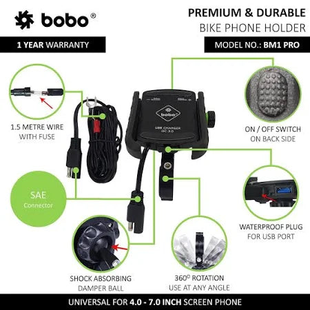 BOBO BM1 PRO Jaw-Grip Waterproof Bike Phone Holder with QC 3.0 Fast Charger – Secure & Reliable Navigation Companion