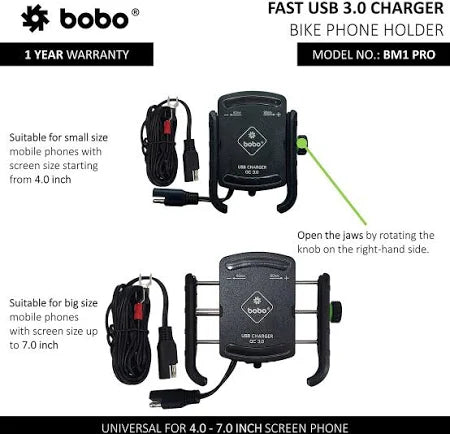 BOBO BM1 PRO Jaw-Grip Waterproof Bike Phone Holder with QC 3.0 Fast Charger – Secure & Reliable Navigation Companion